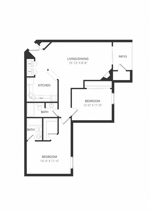 Floor plan for 2 beds, 2 baths, 1070 sqft